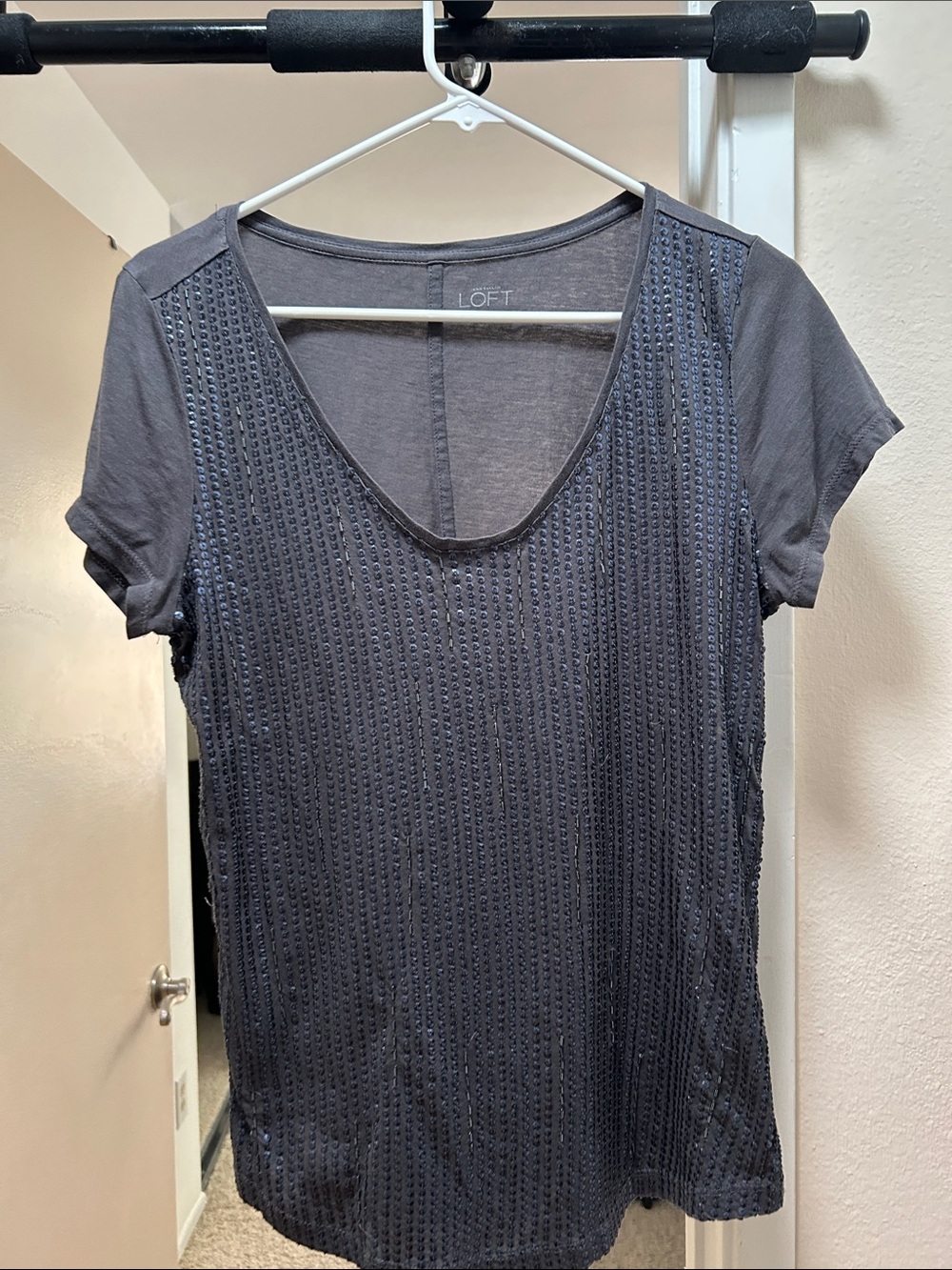 LOFT Black Short Sleeve Scoop Neck Tee with Sequined Front